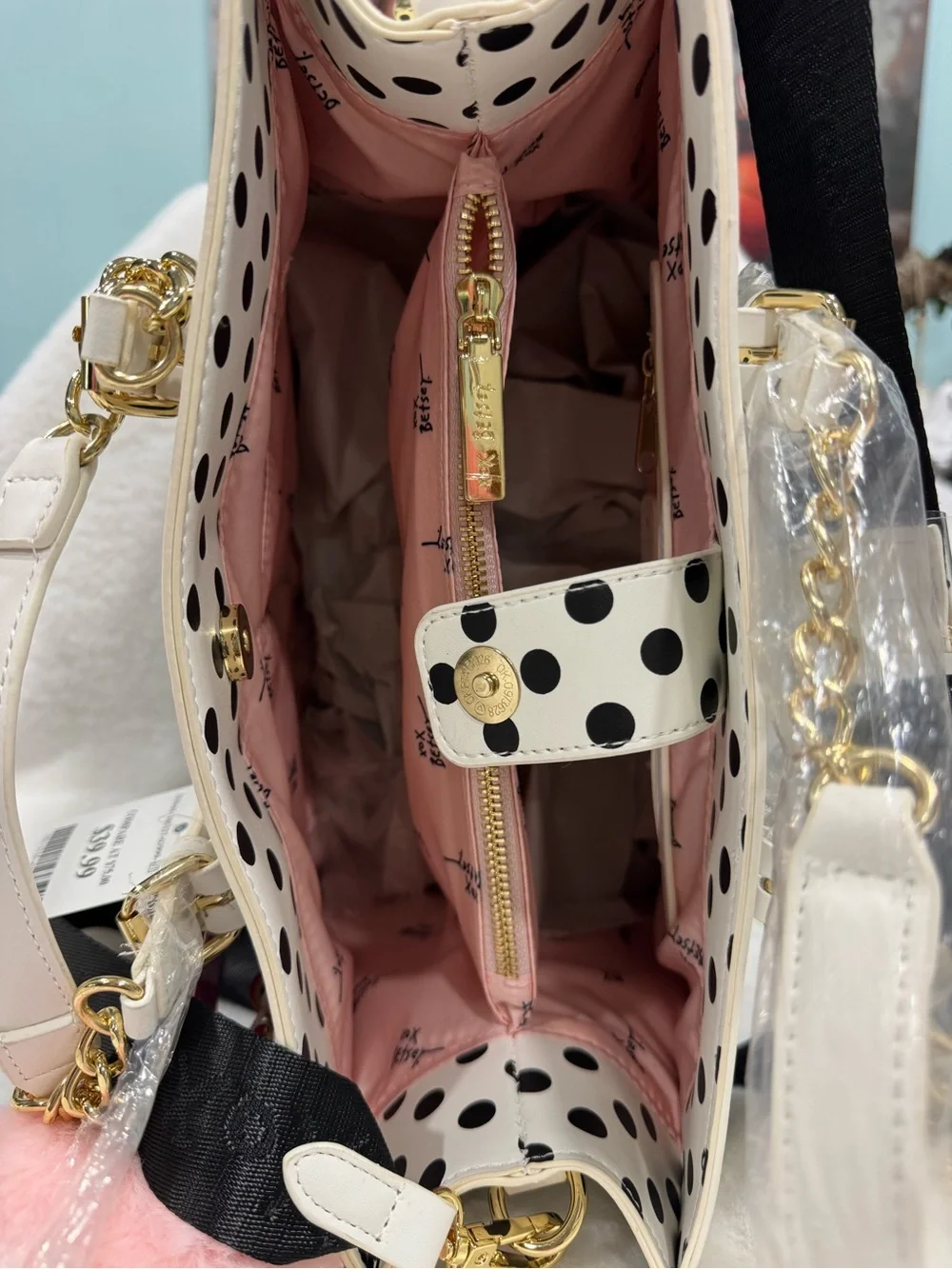 Betsey Johnson Black & White Polka Dot Satchel with Pink Heart Charm